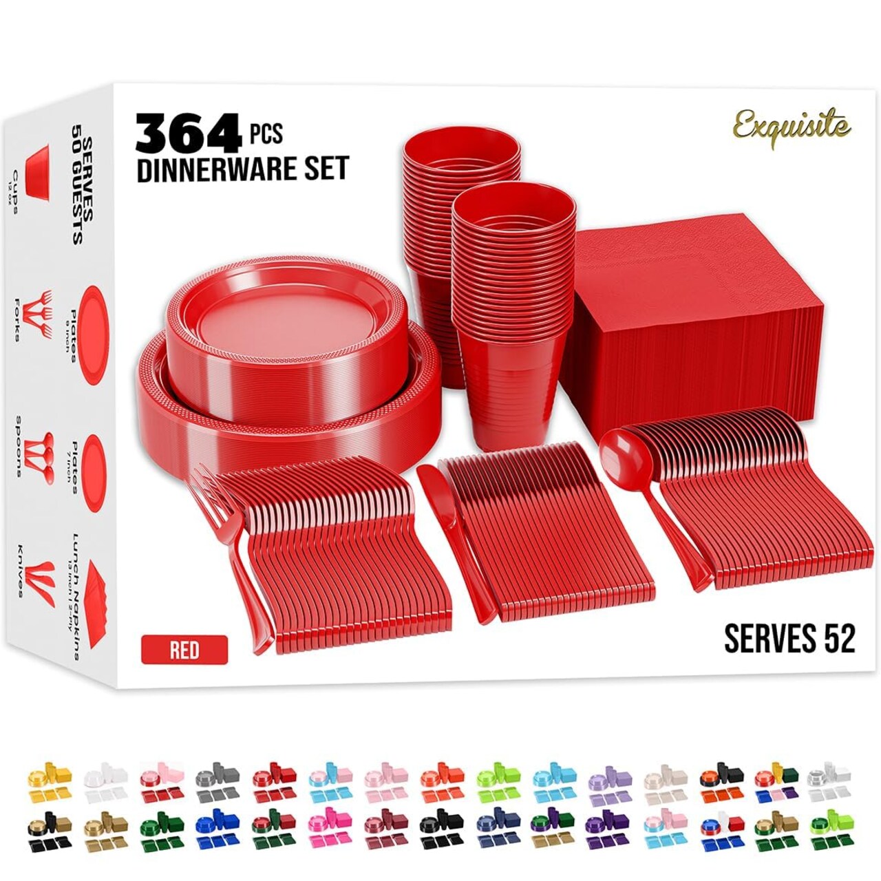 Exquisite 350 Pcs Plastic Plates for Party – Disposable Plates Set – 50 Each of 9" Dinner Plates, 7" Dessert Plates, Plastic Cups, Napkins & Plastic Cutlery – Plastic Dinnerware by Party Solids